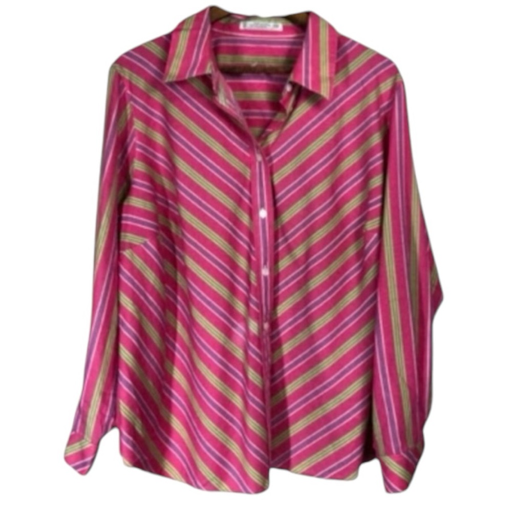 FOXCROFT Pink Green Striped Long Sleeve Button Up Top Curvy Plus Size XXL